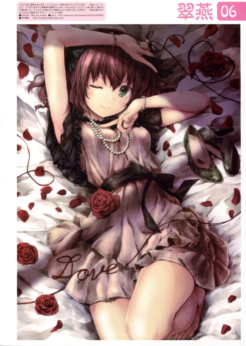 1girl absurdres arm_up barefoot black_ribbon brown_hair dress feet female_focus flower from_above green_eyes green_nails hair_ribbon highres jewelry kurumi_(suien) long_hair lying nail_polish necklace on_back one_eye_closed original red_flower ribbon scan shoes smile solo suien toenail_polish toenails toes unworn_shoes