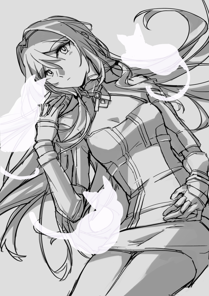 1girl absurdres an-94_(girls&#039;_frontline) animal animal_ears cat cat_ears cat_tail ghost girls&#039;_frontline gloves grey_background greyscale hairband highres lying monochrome sketch skirt solo tail tqq_oo00ooqqq white_cat