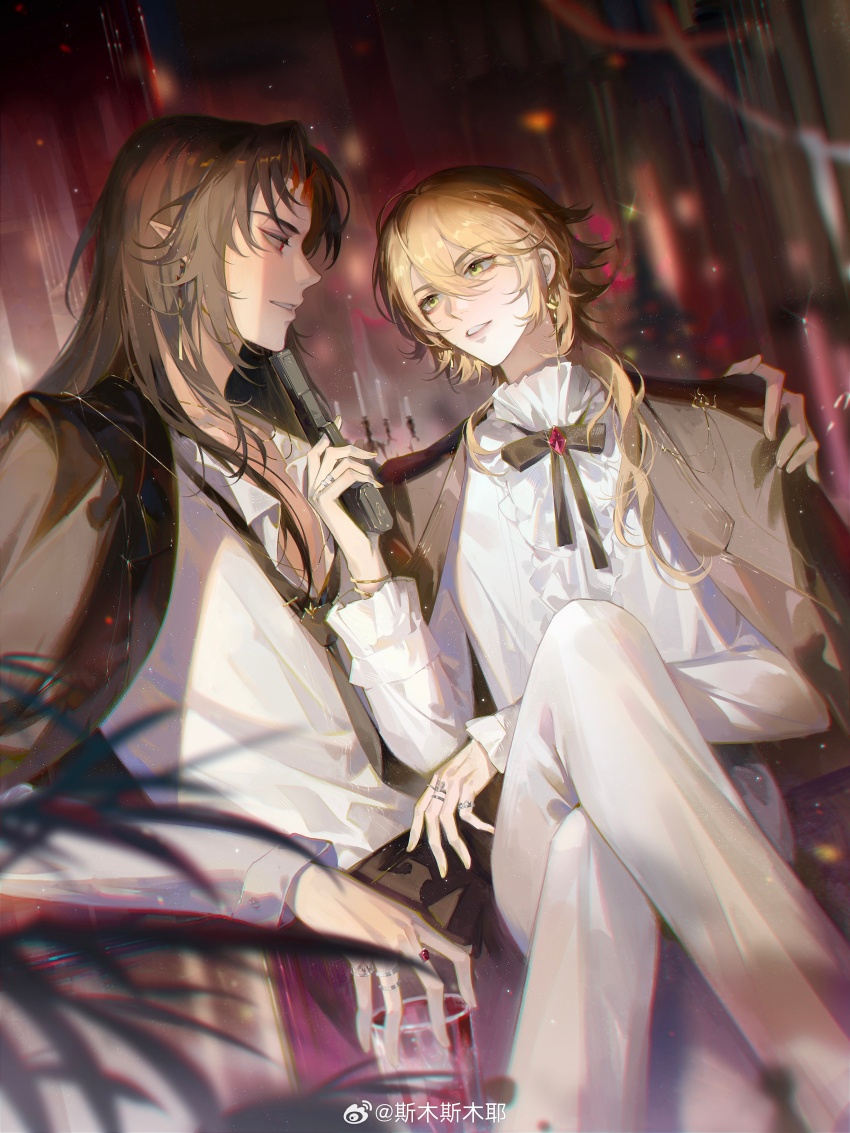 2boys absurdres artist_name asura_(onmyoji) black_bow black_hair black_jacket black_necktie black_pants blonde_hair blurry blurry_background blurry_foreground blush bow brooch cup earrings facial_mark gem glass gun hair_between_eyes hair_over_shoulder highres holding holding_cup holding_gun holding_weapon indoors jacket jewelry lips long_hair long_sleeves looking_at_another loose_necktie male_focus multiple_boys necktie onmyoji open_clothes open_jacket pants parted_lips plant pointy_ears red_eyes red_gemstone ribbon ring shadow shirt sidelocks smusmuye taishakuten_(onmyoji) teeth watermark weapon weibo_watermark white_pants white_sleeves yaoi yellow_eyes