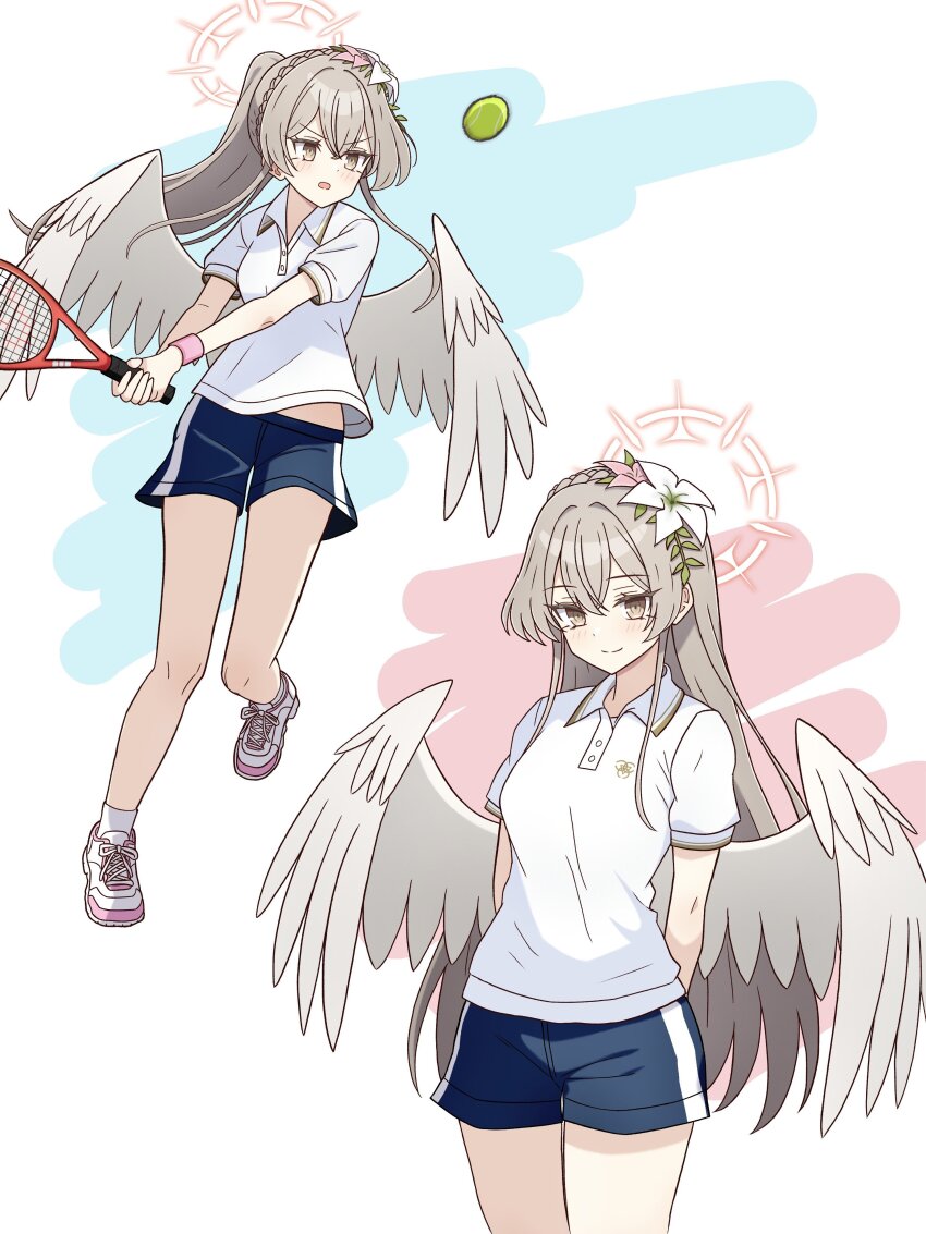 1girl absurdres alternate_costume angel_wings ball blue_archive feathered_wings gosyamadaiji halo highres low_wings nagisa_(blue_archive) pink_halo racket shirt solo tennis tennis_ball tennis_racket white_shirt white_wings wings