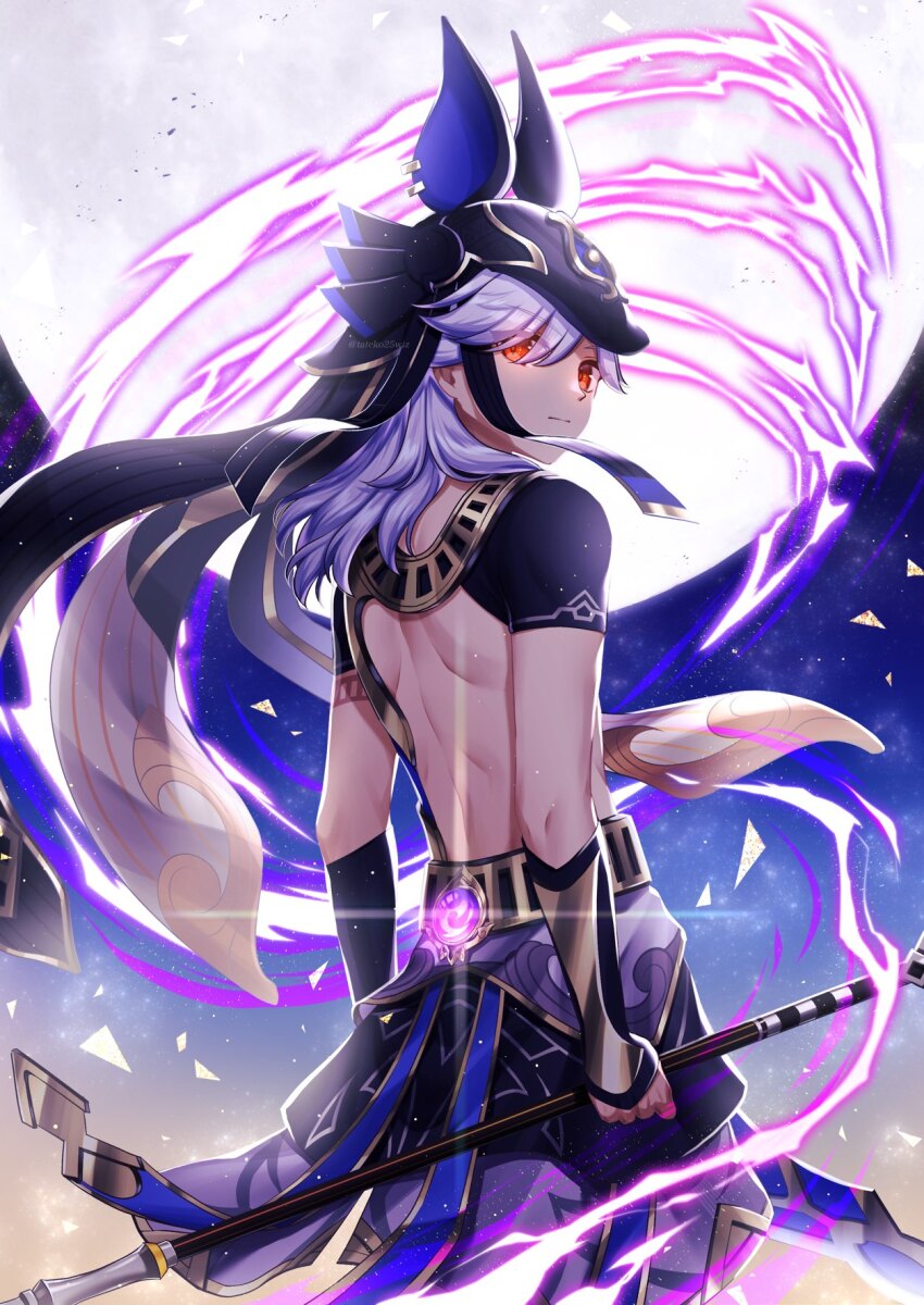 1boy animal_ear_headwear animal_ears animal_hood back closed_mouth commentary_request cyno_(genshin_impact) dark-skinned_male dark_skin fake_animal_ears full_moon genshin_impact glowing glowing_eyes headpiece highres holding holding_polearm holding_weapon hood jackal_ears looking_at_viewer male_focus medium_hair moon night night_sky orange_eyes polearm sky solo star_(sky) starry_sky tateko25wiz vambraces vision_(genshin_impact) weapon