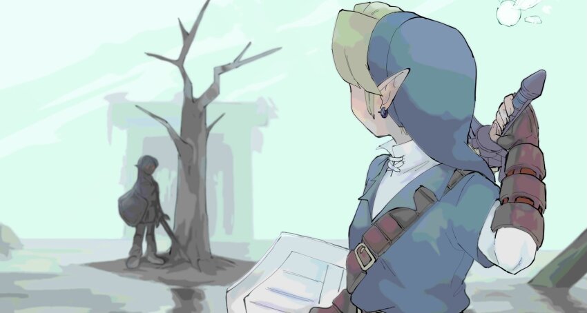 2boys blonde_hair blue_hat blue_tunic brown_gloves commentary_request dark_link earrings fingerless_gloves gloves hand_up hat highres holding holding_shield holding_sword holding_weapon hylian_shield jewelry link looking_at_another master_sword multiple_boys navi nintendo shield short_hair solo_focus sword sword_on_back the_legend_of_zelda the_legend_of_zelda:_ocarina_of_time tree tunic water weapon weapon_on_back yamori_(yamoooon21)