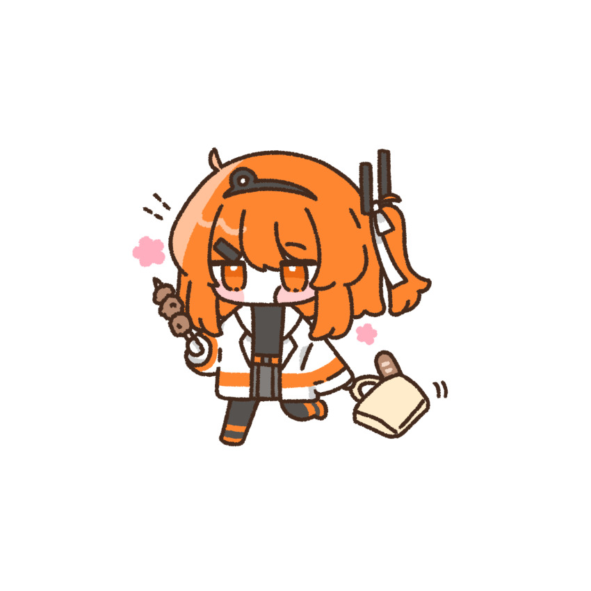 1girl a.i._voice adachi_rei bag belt black_leggings black_shirt chibi chibi_only food grey_skirt hair_ornament hair_ribbon hairclip headlamp highres holding holding_bag holding_food holding_skewer jacket jitome leggings long_sleeves mei_(meiday_mise) one_side_up open_clothes open_jacket orange_belt orange_eyes orange_hair orange_shoes pleated_skirt radio_antenna ribbon shirt shoes simple_background skewer skirt solo standing utau walking white_background white_jacket white_ribbon