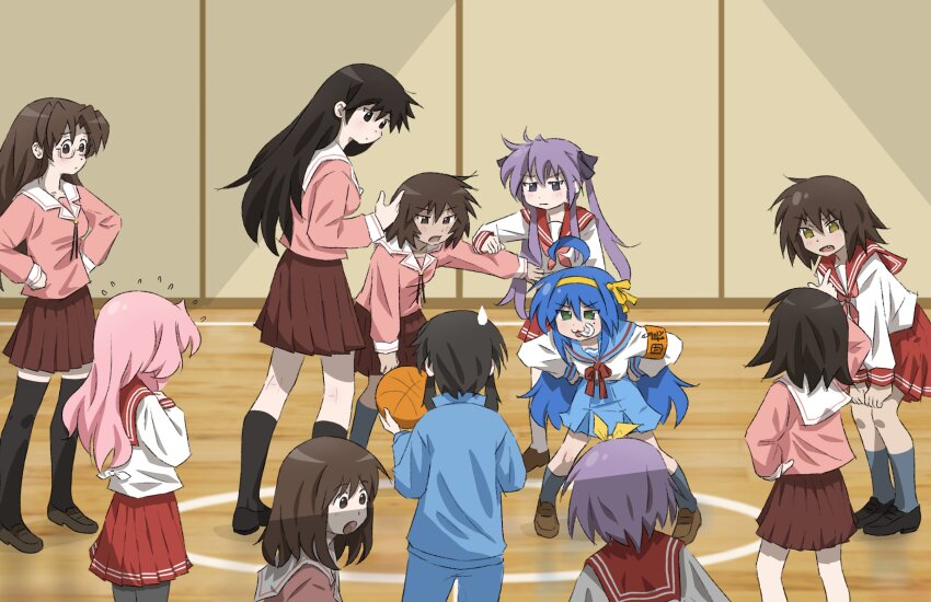 6+girls azumanga_daiou ball basketball basketball_(object) basketball_court cosplay crossover gym hands_on_own_hips highres hiiragi_kagami hiiragi_tsukasa holding holding_ball indoors izumi_konata kagura_(azumanga_daioh) kasuga_ayumu kurosawa_minamo kusakabe_misao lucky_star mizuhara_koyomi multiple_girls playing_sports sakaki_(azumanga_daioh) school_uniform suzumiya_haruhi suzumiya_haruhi_(cosplay) takara_miyuki takino_tomo truffleduster