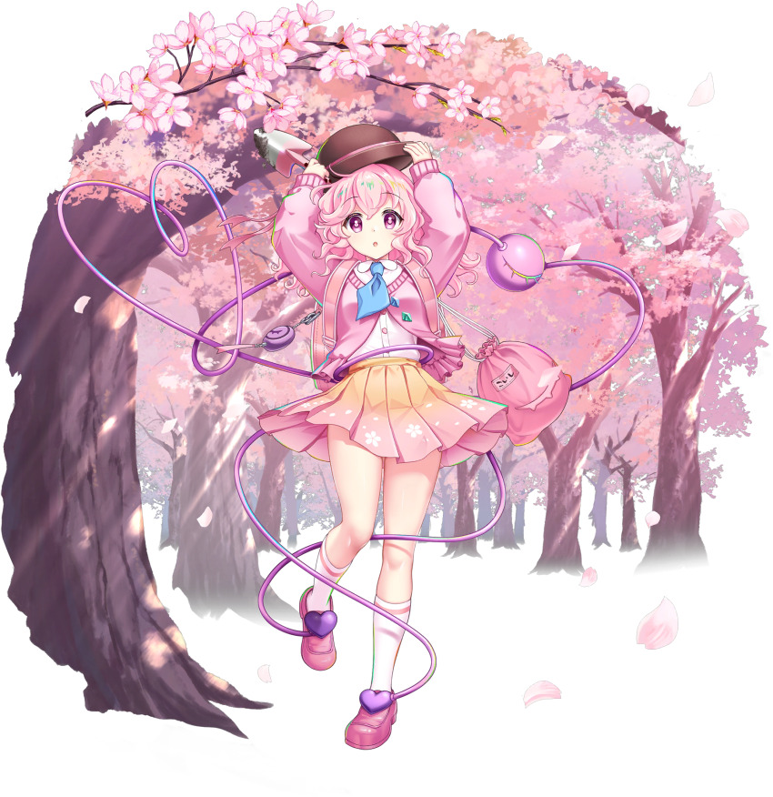 1girl alternate_color alternate_costume alternate_eye_color alternate_hair_color backpack bag blue_necktie cardigan cherry_blossoms collared_shirt crime_prevention_buzzer eyeball falling_petals flower full_body game_cg gradient_clothes gradient_skirt hat heart heart_of_string highres holding_trowel kneehighs komeiji_koishi komeiji_koishi_(blossomed_eyes_of_love) loafers long_hair long_sleeves looking_at_viewer name_tag necktie official_art open_mouth outdoors petal_print petals pink_bag pink_cardigan pink_eyes pink_flower pink_hair pink_petals pink_shoes pink_skirt pleated_skirt print_skirt rotte_(1109) shirt shoes skirt socks solo third-party_source third_eye touhou touhou_lostword transparent_background tree trowel white_shirt white_socks yellow_skirt