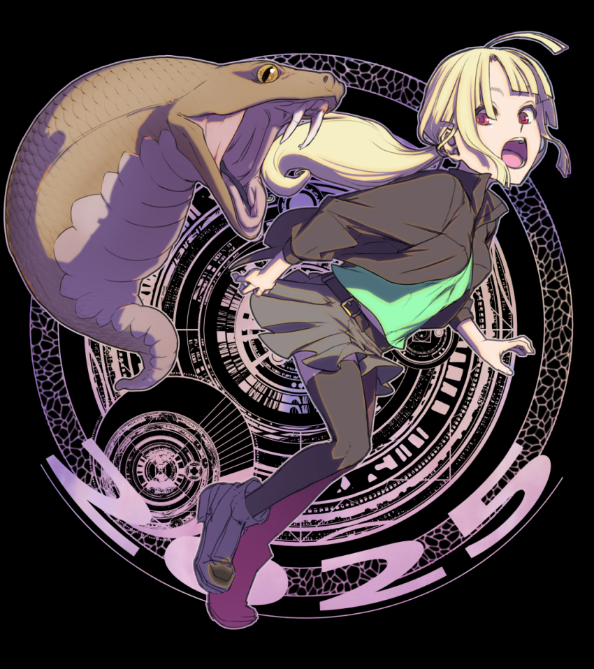 1girl 2025 animal blonde_hair chinese_zodiac chuuou_higashiguchi cobra_(animal) commentary_request fangs full_body highres jacket long_hair low_ponytail miniskirt open_mouth original oversized_animal ponytail red_eyes skirt thighhighs year_of_the_snake zettai_ryouiki