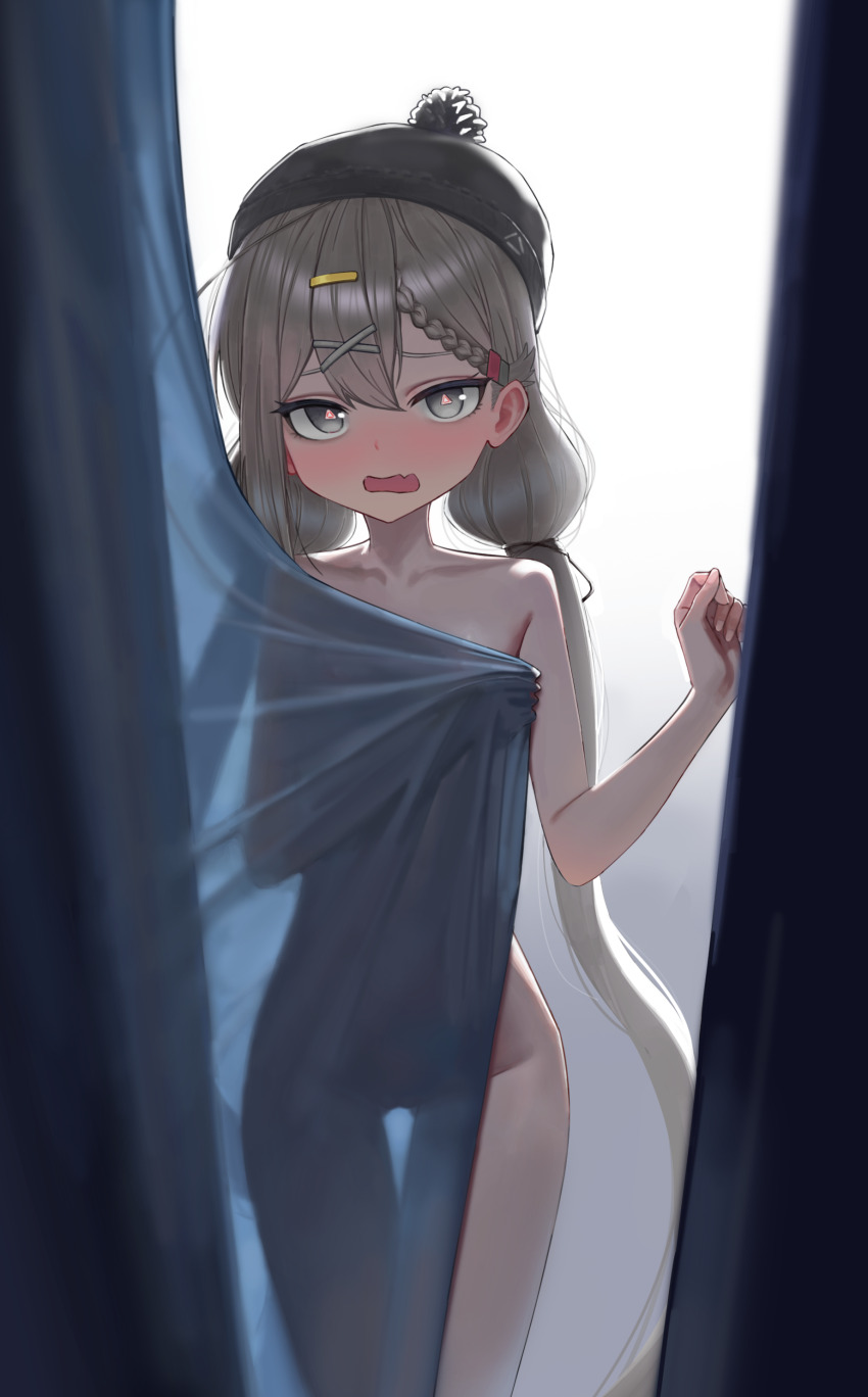 1girl absurdres asdf64252607 behind_curtains black_hat blush commission cowboy_shot curtains grey_eyes grey_hair hair_ornament hairclip hat highres long_hair looking_at_viewer nude open_mouth original see-through_curtains see-through_silhouette solo symbol-shaped_pupils thigh_gap triangle-shaped_pupils twintails very_long_hair
