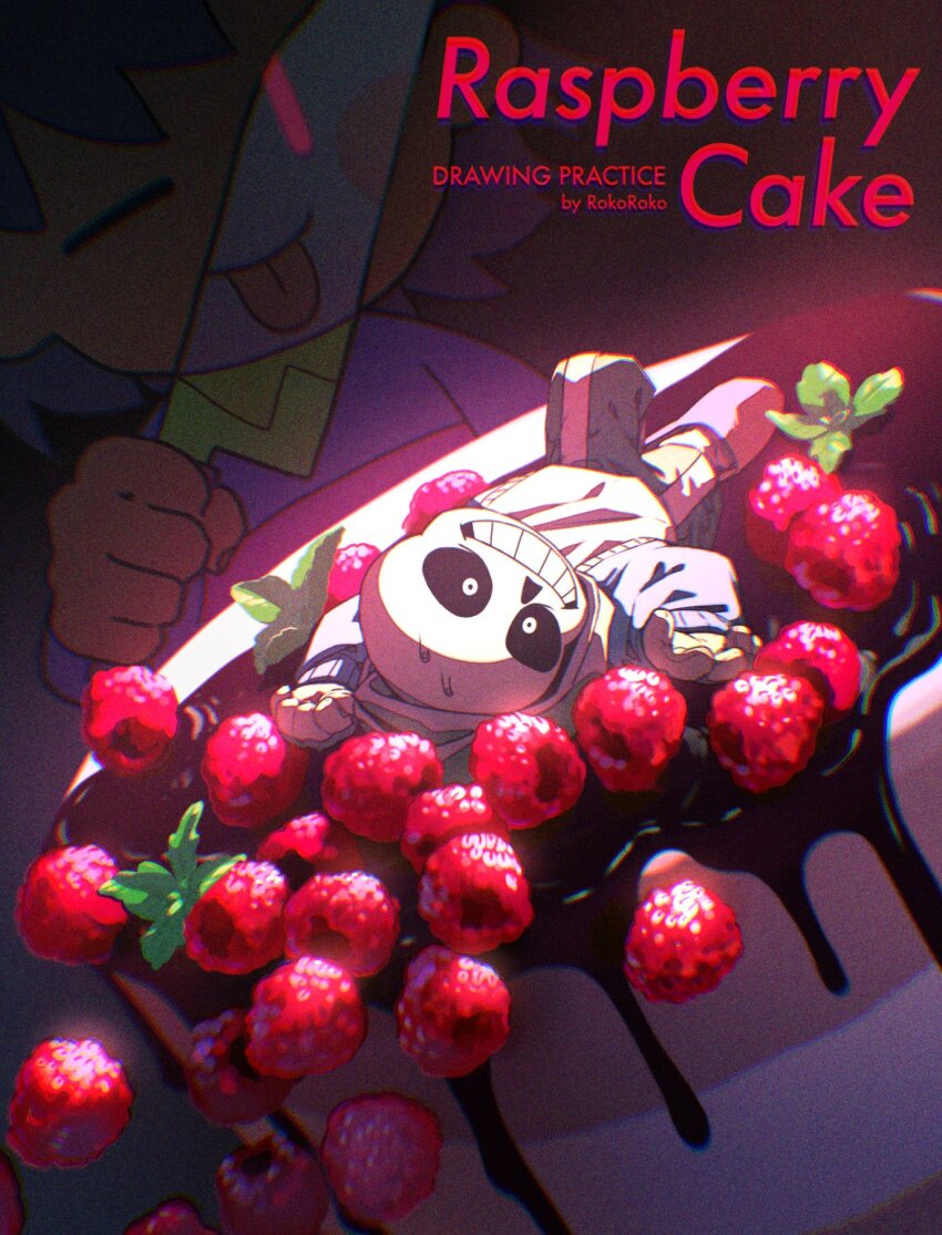 1boy 1other artist_name black_shorts blue_jacket chara_(undertale) english_text food frisk_(undertale) fruit grin highres holding holding_knife hollow_eyes jacket knife korokor59513559 sans_(undertale) shorts skeleton smile strawberry teeth undertale white_eyes