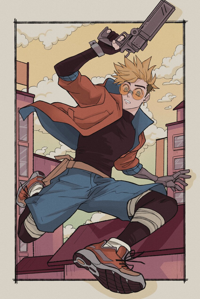 1boy absurdres adapted_costume agl_arms_.45_long_colt asymmetrical_sleeves belt_pouch blonde_hair blue_eyes blue_shorts break-action_revolver building casual commentary earrings english_commentary finger_on_trigger florbetriz full_body glasses gun hand_up handgun highres holding holding_gun holding_weapon jacket jewelry jumping leg_wrap leggings_under_shorts looking_down low_bore_axis_revolver male_focus mole mole_under_eye open_clothes open_jacket orange-tinted_eyewear outdoors outside_border parkour pouch prosthesis prosthetic_arm red_jacket red_shoes revolver round_eyewear shoe_soles shoes short_hair short_sleeves shorts sky sleeves_pushed_up sneakers solo tinted_eyewear trigun trigun_stampede two-sided_fabric two-sided_jacket undercut vash_the_stampede weapon yellow_sky