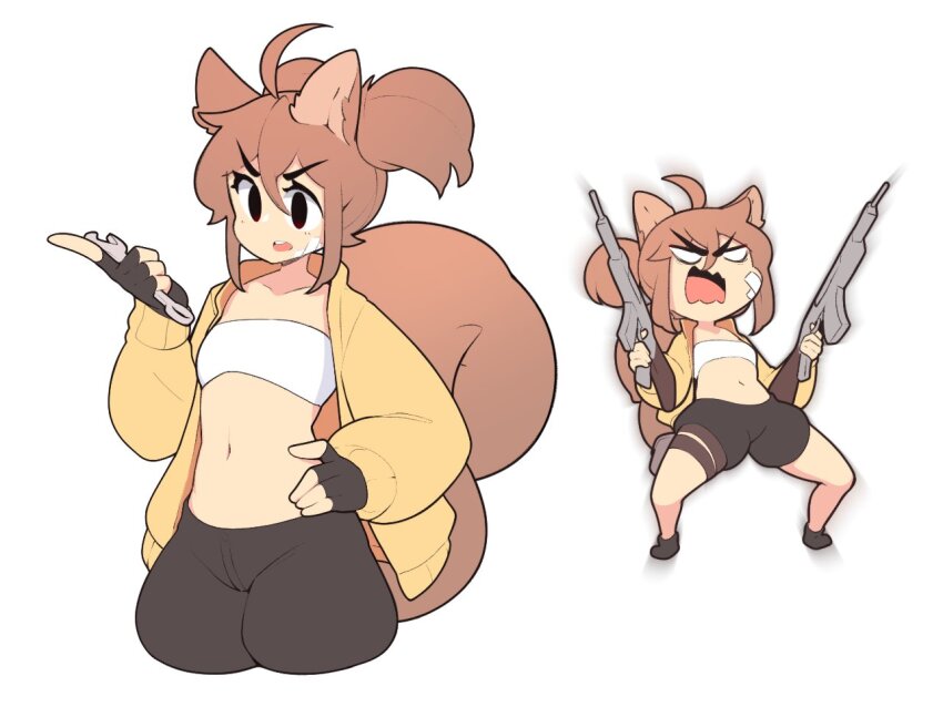 1girl anachi_(fizintine) angry animal_ears bandage_on_face bandages bandeau black_footwear black_hair black_shorts breasts brown_hair chibi collarbone crop_top dual_wielding fingerless_gloves fizintine gloves gun hand_on_own_hip holding holding_gun holding_weapon holding_wrench jacket lisa_(series) lisa_the_joyful meme midriff multiple_views navel open_clothes open_jacket open_mouth original puffy_shorts shorts simple_background small_breasts squirrel_ears squirrel_girl squirrel_tail strapless tail teeth tube_top upper_body upper_teeth_only weapon white_background wrench yellow_jacket