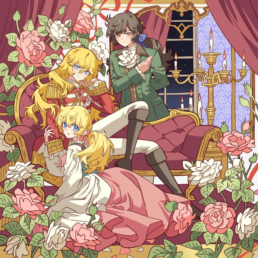 1boy 2girls :d andre_grandier ascot blonde_hair blue_bow blue_eyes blue_jacket boots bow brown_eyes brown_hair candle closed_mouth couch flower grey_boots hair_between_eyes hair_bow head_rest highres jacket knee_boots long_hair long_skirt long_sleeves meremero multiple_girls open_clothes open_jacket open_mouth oscar_francois_de_jarjayes pants parted_lips pink_flower pink_skirt ponytail red_jacket rosalie_lamorliere sitting skirt smile versailles_no_bara very_long_hair white_ascot white_pants