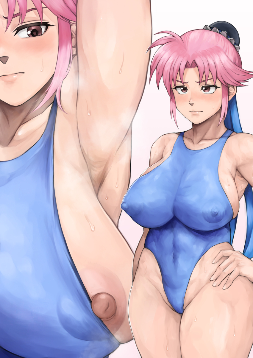 absurdres armpit_crease armpits brown_eyes dragon_quest dragon_quest_dai_no_daibouken hair_bun hand_on_own_hip highleg highleg_one-piece_swimsuit highres maam nipple_slip nipples one-piece_swimsuit pink_hair swimsuit thick_thighs thighs