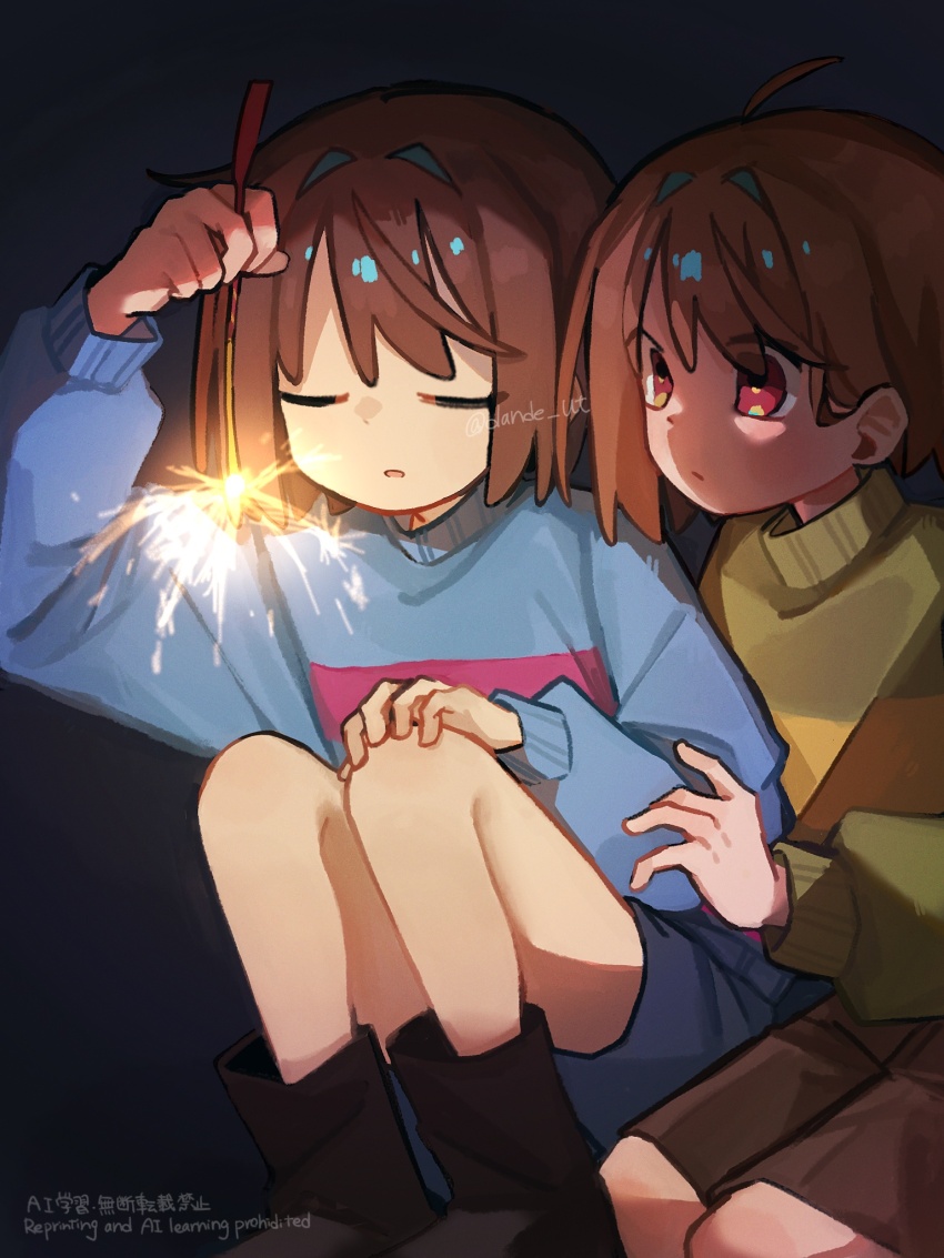 2others :o ahoge ankle_boots bare_legs black_background black_boots blue_shorts blue_sweater bob_cut boots brown_hair brown_shorts chara_(undertale) child closed_eyes commentary dande_lion2604 eyes_visible_through_hair feet_out_of_frame film_grain fireworks frisk_(undertale) full_body green_sweater hair_behind_ear hair_intakes hand_on_another&#039;s_arm hand_on_own_knee hand_up highres holding holding_fireworks knees_up long_sleeves looking_at_object multiple_others other_focus parted_lips pink_sweater puffy_long_sleeves puffy_sleeves red_eyes short_hair shorts sidelighting simple_background sitting sparkler striped_clothes striped_sweater sweater swept_bangs symbol-only_commentary turtleneck turtleneck_sweater twitter_username two-tone_sweater u_u undertale utdr_(toby_fox) watermark yellow_sweater