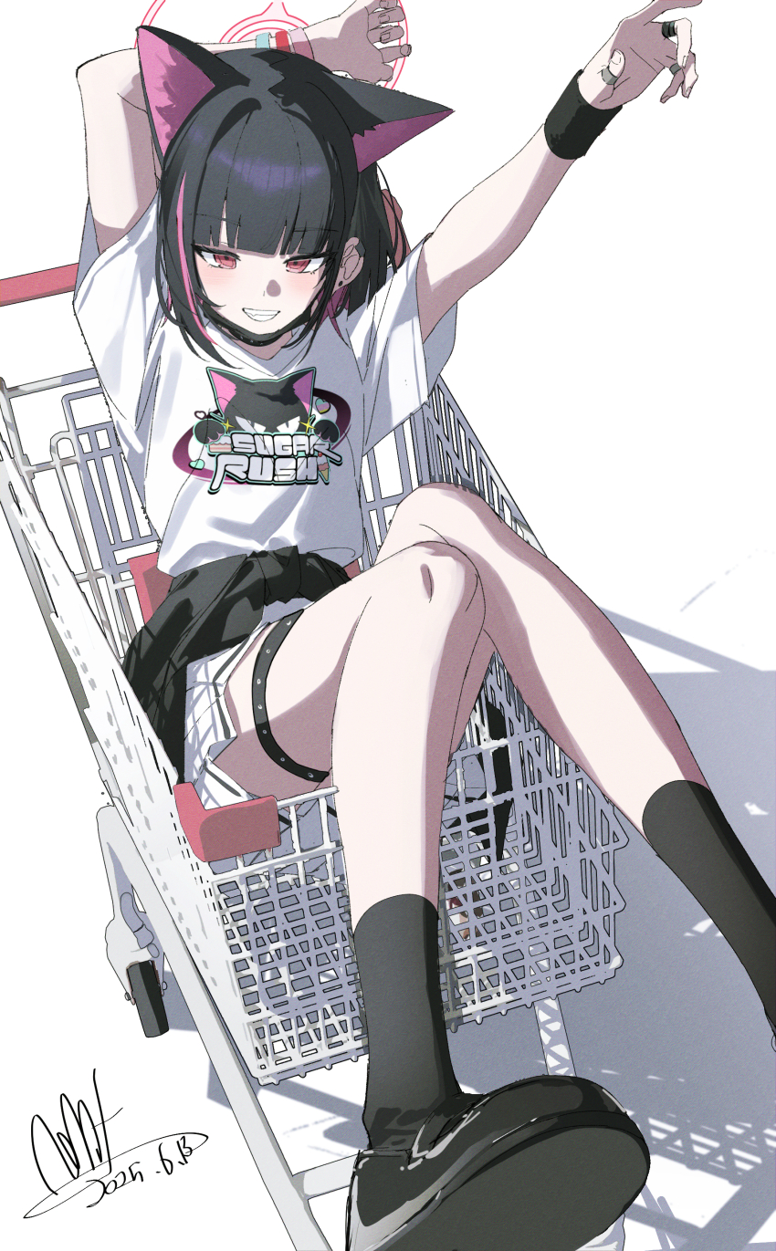 1girl absurdres animal_ears animal_print arm_behind_head black_hair black_jacket black_mask black_shoes black_socks blue_archive blunt_bangs blunt_ends blush bracelet cat_ears cat_girl cat_print clothes_around_waist colored_inner_animal_ears colored_inner_hair earclip extra_ears grin highres in_shopping_cart jacket jacket_around_waist jewelry kazusa_(band)_(blue_archive) kazusa_(blue_archive) looking_at_viewer multicolored_hair multiple_bracelets multiple_rings pink_eyes qtian ring shirt shoes shopping_cart short_hair short_sleeves sidelocks simple_background skirt smile socks solo t-shirt thigh_strap two-tone_hair white_shirt white_skirt wristband