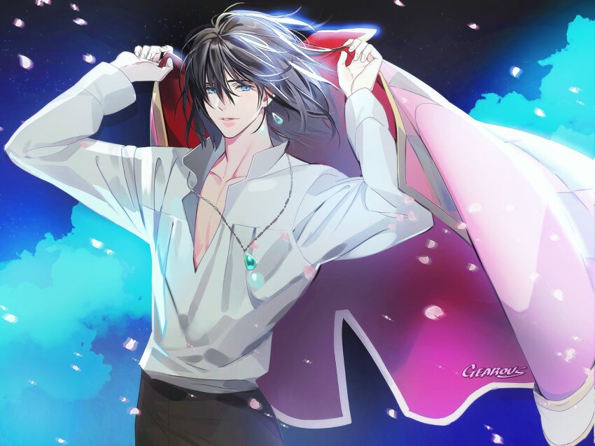 1boy arms_up artist_name bishounen black_hair black_pants blue_background blue_eyes closed_mouth collarbone collared_shirt cowboy_shot dress_shirt earrings falling_petals gearous gem hair_between_eyes hands_up highres holding holding_jacket holding_unworn_clothes howl_pendragon howl_no_ugoku_shiro jacket jewelry long_sleeves looking_at_viewer male_focus medium_hair necklace pants pendant petals red_jacket shirt short_hair single_earring sky smile solo unworn_jacket upper_body white_shirt wind
