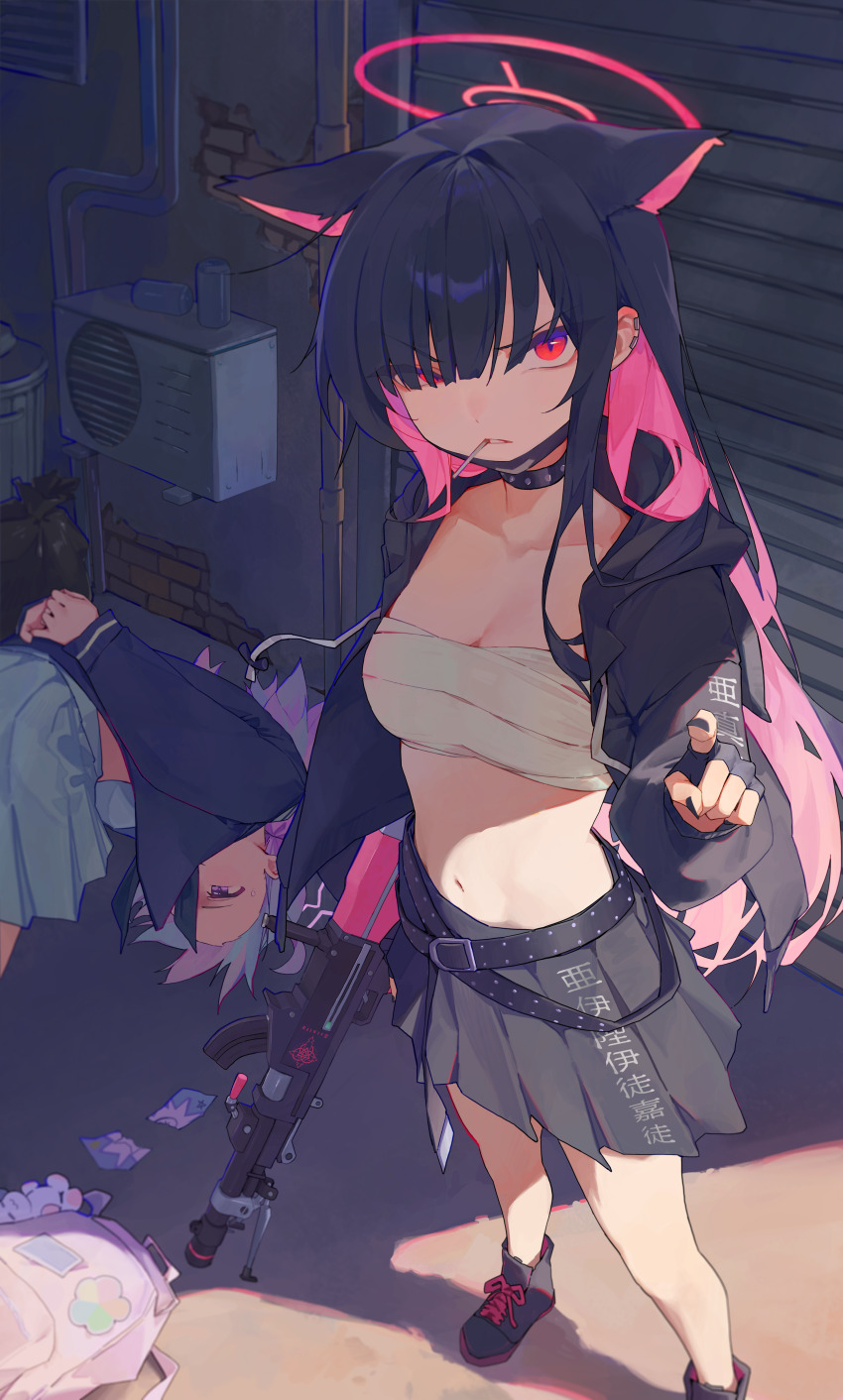 2girls absurdres alley animal_ears backpack bag belt black_belt black_choker black_hair black_hoodie black_mask black_nails black_shoes black_skirt blue_archive blue_hair blue_skirt breasts cat_ears chest_sarashi choker collarbone colored_inner_hair extra_ears fingernails gun hair_behind_ear hair_ornament hairclip halo highres hood hoodie ikky kazusa_(blue_archive) long_hair long_sleeves looking_at_viewer medium_breasts multicolored_hair multiple_girls nail_polish navel outdoors pink_eyes pink_hair pink_halo reisa_(blue_archive) rifle sarashi shoes skirt stomach two-tone_hair weapon