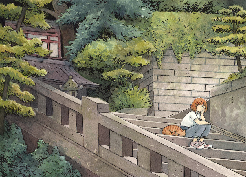 1girl architecture arm_on_knee blue_pants building bush commentary east_asian_architecture english_commentary full_body hand_on_own_cheek hand_on_own_face heikala ivy medium_hair no_socks original pants pine_tree pink_shoes railing red_hair retaining_wall shirt shoes sitting sitting_on_stairs sneakers solo stairs stone_lantern stone_stairs stone_wall t-shirt tabby_cat tree white_shirt