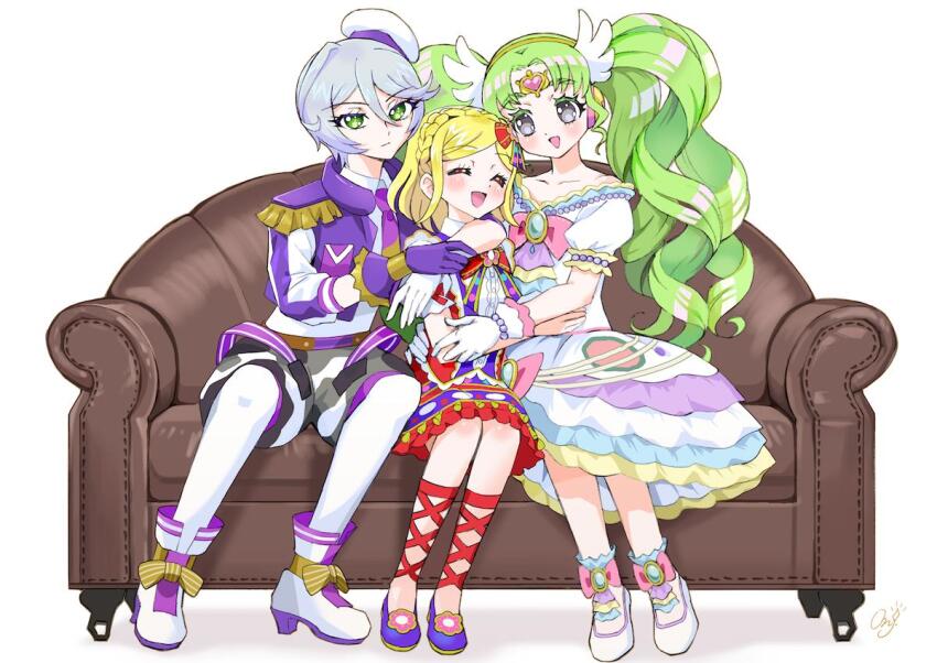 3girls :d bad_id bad_twitter_id blonde_hair boots braid closed_eyes closed_mouth collared_shirt colored_eyelashes couch crown_braid dress epaulettes falulu falulu_(awakened) forehead_jewel frilled_dress frills full_body gloves green_eyes green_hair grey_eyes grey_hair hair_between_eyes hair_ornament hat headphones hug idol_clothes jacket long_hair looking_at_another mdr_onj1807 midorikaze_fuwari mini_hat multiple_girls on_couch open_clothes open_jacket open_mouth parted_bangs pretty_series pripara puffy_short_sleeves puffy_sleeves purple_gloves reverse_trap shikyoin_hibiki shirt shoes short_hair short_sleeves shorts sidelocks sitting smile swept_bangs twintails very_long_hair white_dress white_footwear white_gloves white_hat white_shirt wing_hair_ornament
