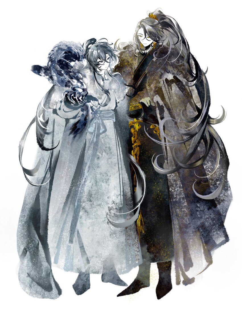 2boys animal_on_arm bird bird_on_arm black_boots black_cloak black_hair black_hanfu boots chinese_clothes cloak closed_mouth commentary crossed_arms earrings full_body fur-trimmed_cloak fur_trim grey_eyes half_updo hanfu high_ponytail highres jewelry jinhongi long_hair long_sleeves looking_at_another male_focus mman_moon multiple_boys ponytail sash seol_young simple_background smile standing symbol-only_commentary white_background white_cloak white_hanfu xiao_guan_(headdress) yellow_eyes zaha zhijupao