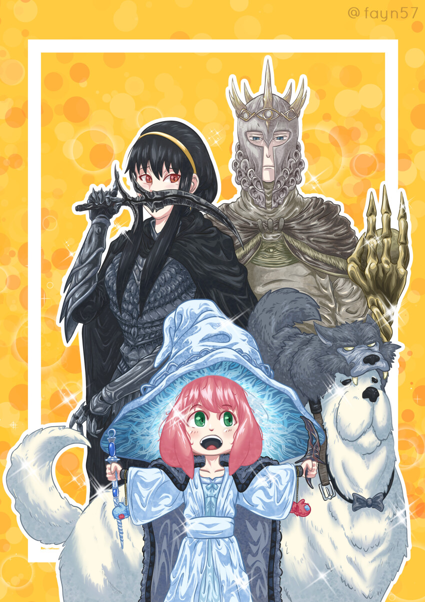 1boy 2girls absurdres animal_head anya_(spy_x_family) armor assassin belt_buckle black_cloak black_eyes black_hair black_knife_(elden_ring) black_knife_assassin black_knife_assassin_(cosplay) blaidd_the_half-wolf blaidd_the_half-wolf_(cosplay) blue_eyes blue_robe bond_(spy_x_family) bow bowtie brown_cape buckle cape cloak closed_mouth colored_skin commentary cosplay elden_ring english_commentary extra_arms fangs febiyan_putra full_armor fur_cloak gauntlets gideon_ofnir gideon_ofnir_(cosplay) green_eyes hat helm helmet highres holding holding_knife holding_scepter holding_weapon hood hooded_cape hooded_cloak knife large_hat long_hair looking_at_viewer multiple_girls pelt plate_armor ranni_the_witch ranni_the_witch_(cosplay) red_eyes robe scepter shoulder_plates spiked_helmet spy_x_family twilight_(spy_x_family) weapon witch witch_hat yor_briar