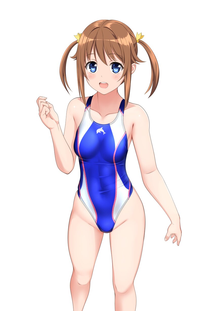 1girl absurdres blue_eyes blue_one-piece_swimsuit brown_hair collarbone commentary_request covered_navel cowboy_shot high_school_fleet highleg highleg_one-piece_swimsuit highres misaki_akeno one-piece_swimsuit sidelocks simple_background solo swimsuit takafumi twintails two-tone_swimsuit white_background