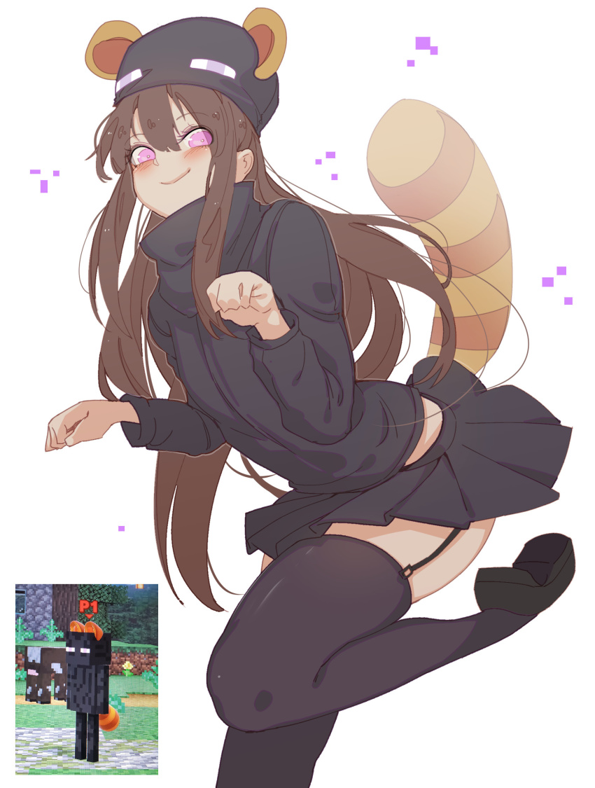 1girl absurdres ander_(at2.) animal_ears at2. black_skirt black_thighhighs blush brown_hair closed_mouth enderman garter_straps highres long_hair long_sleeves looking_at_viewer mario_(series) minecraft mob_talker nintendo personification pleated_skirt purple_eyes raccoon_ears raccoon_tail screenshot_inset skirt smile solo super_mario_bros._3 super_smash_bros. tail thighhighs