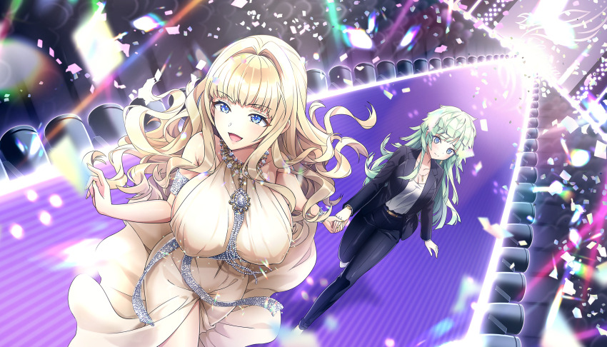 2girls :d black_jacket black_pants blonde_hair blue_eyes blunt_bangs breasts catwalk_(modeling) dolphin_wave dress dress_shirt game_cg green_hair hair_intakes highres jacket kirahoshi_kanna large_breasts long_hair multiple_girls non-web_source official_alternate_costume official_art ootomo_takuji open_mouth pants selena_lewis shirt sleeveless sleeveless_dress smile white_dress white_shirt