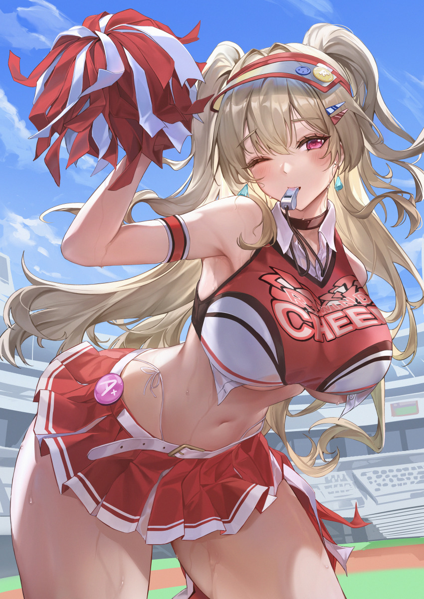 1girl absurdres armband armpits bare_shoulders belt belt_buckle blonde_hair blue_sky blush breasts buckle cheerleader clay_(nikke) clothes_writing cloud cloudy_sky commentary_request contrapposto cowboy_shot crop_top eru_(eru_illust) goddess_of_victory:_nikke hair_between_eyes hair_ornament hairclip highleg highleg_panties highres holding holding_pom_poms large_breasts leaning_forward long_hair looking_at_viewer miniskirt mouth_hold navel one_eye_closed panties pleated_skirt pom_pom_(cheerleading) pom_poms red_armband red_skirt skirt sky solo stadium sweat thick_thighs thighs two_side_up underboob underwear visor_cap whistle white_belt