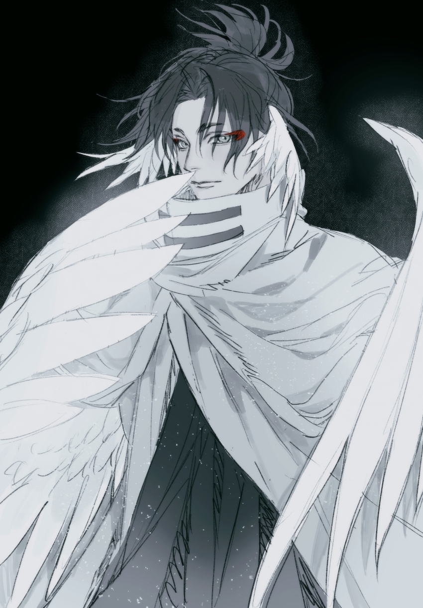 1boy bird_wings black_background black_hair chinese_commentary cloak commentary curtained_hair eyeliner granyon green_eyes head_wings highres kagurabachi light_particles looking_at_viewer makeup male_focus multiple_wings parted_bangs red_eyeliner simple_background solo upper_body uruha_youji white_cloak white_wings wings