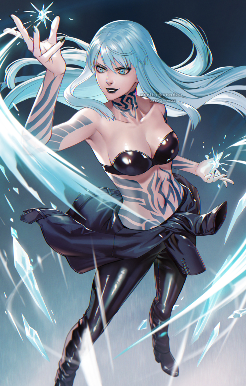 &gt;:) 1girl arm_tattoo arm_up artist_name bare_arms bare_shoulders belt black_belt black_boots black_bra black_eyeliner black_eyeshadow black_jacket black_lips black_nails black_pants blue_eyes blue_hair boots bra breasts cleavage clothes_around_waist collarbone commentary_request cryokinesis dated devil_summoner:_soul_hackers devil_summoner_(series) eyeliner eyeshadow foot_out_of_frame grin hair_between_eyes high_heel_boots high_heels highres ice jacket jacket_around_waist leather leather_jacket leather_pants light_blue_hair lipstick long_hair looking_to_the_side magic makeup medium_breasts nail_polish navel neck_tattoo nemissa open_hand pants parted_lips sidelocks smile solo standing stomach_tattoo strapless strapless_bra tattoo teeth underwear unworn_belt v-shaped_eyebrows wind yorita_(kick_knock) zipper