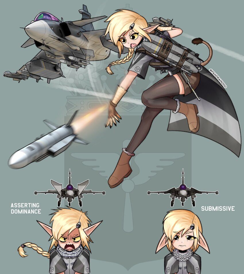 1girl absurdres aircraft airplane ammunition_belt angry black_thighhighs blonde_hair braid brown_footwear brown_gloves brown_shorts canards english_text fighter_jet fingerless_gloves frown full_body gloves highres looking_at_viewer midriff military_vehicle missile multiple_views original pandramodo pointy_ears ponytail saab_gripen short_sleeves shorts standing thighhighs yellow_eyes