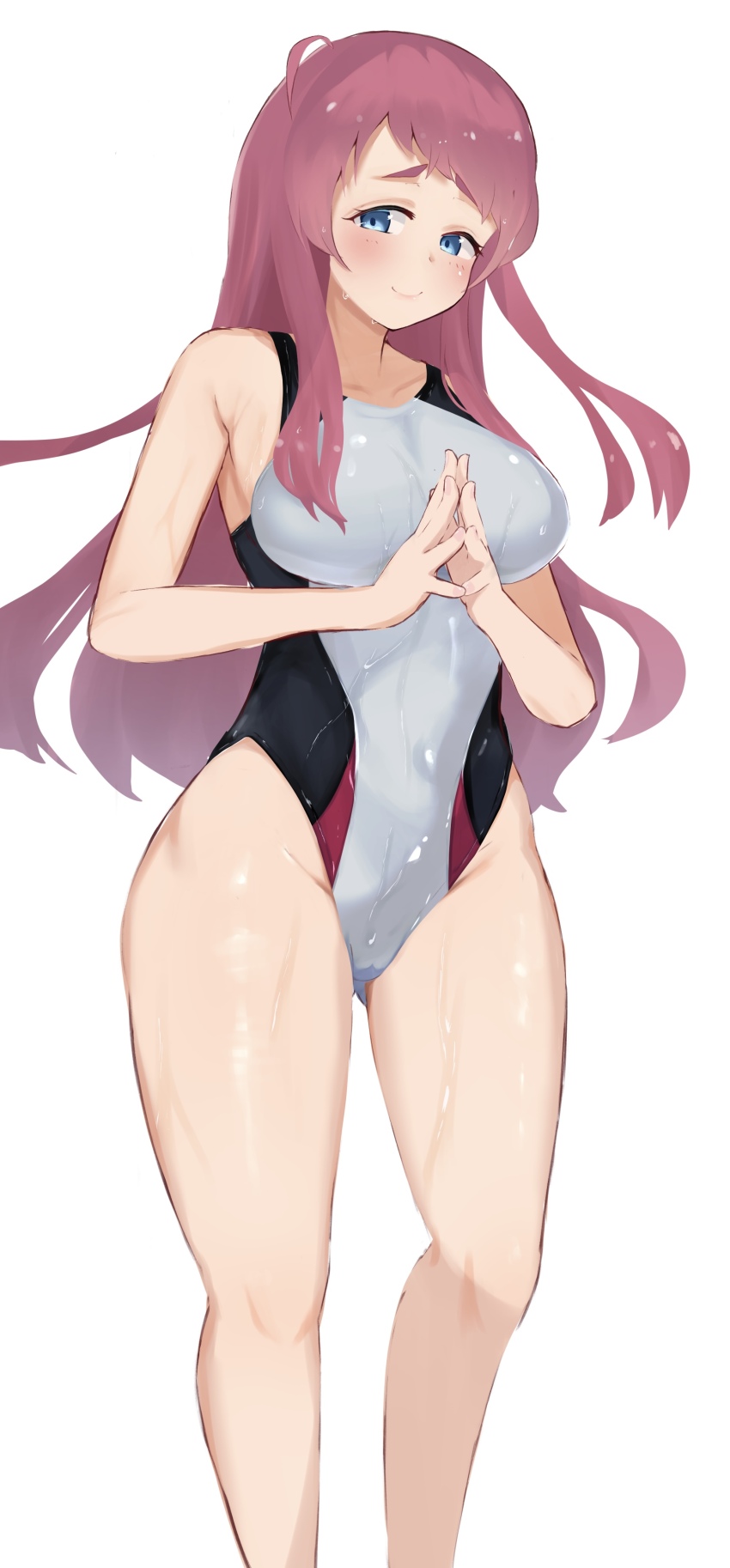 1girl absurdres ahoge blue_eyes blush breasts competition_swimsuit feet_out_of_frame groin highleg highleg_one-piece_swimsuit highres large_breasts looking_at_viewer minamoto_sakura one-piece_swimsuit own_hands_together pirumu raised_eyebrows red_hair simple_background solo standing swimsuit thighs wet white_background white_one-piece_swimsuit zombie_land_saga