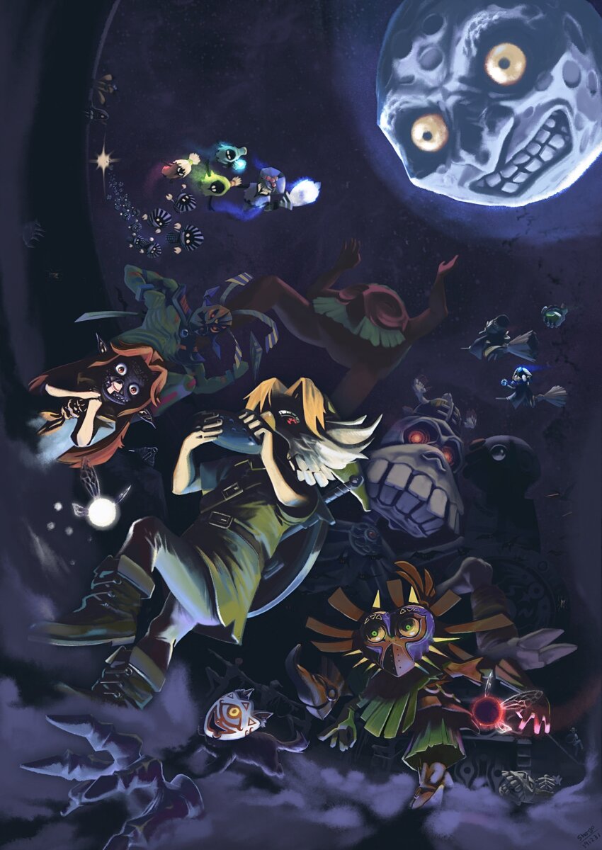 absurdres all-night_mask amy_(zelda) bat_(animal) beth_(zelda) blonde_hair bremen_mask captain_keeta clock clock_tower dog fighting_stance garo_(zelda) gerudo gibdo glowing glowing_eyes green_tunic highres holding holding_ocarina holding_sword holding_weapon instrument joelle_(zelda) kotake_(zelda) koume_(zelda) link majora_(entity) mask mask_of_truth meg_(zelda) moon_(zelda) music nintendo ocarina odolwa own_hands_clasped phrygian_cap playing_instrument poe_(zelda) poe_collector possessed possession redead romani_(zelda) sakon_(zelda) shield shield_on_back size_difference skull_kid smile stalchild sword tael tatl the_legend_of_zelda the_legend_of_zelda:_majora&#039;s_mask them_(zelda) tower tunic vlo_ollv wallmaster weapon wide-eyed young_link