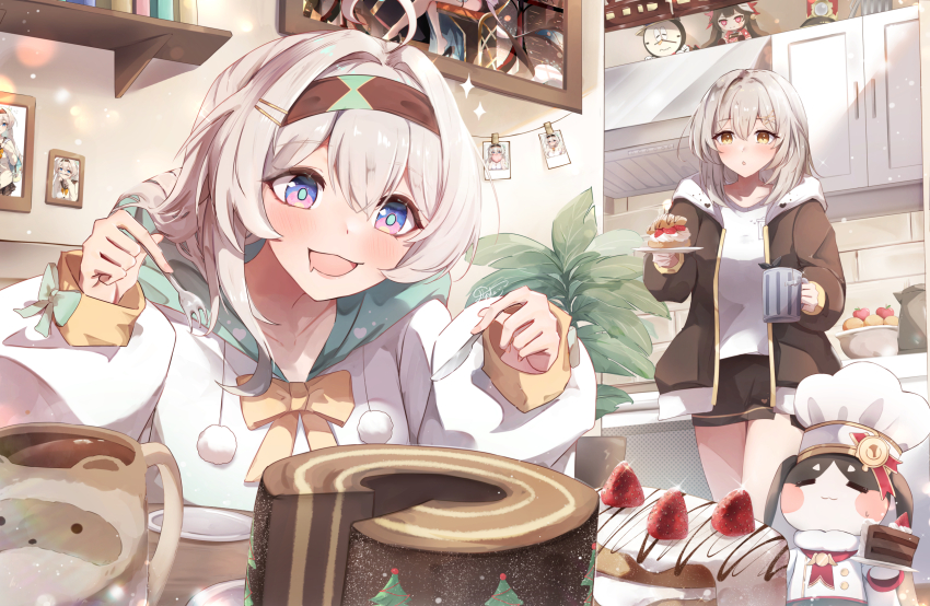 2girls :d :o alternate_costume apple black_hairband black_hoodie black_skirt blue_eyes cake celebration clockie_(honkai:_star_rail) coffee_mug collarbone commentary cup drooling elphe english_commentary firefly_(honkai:_star_rail) food fork fruit fruit_bowl green_pupils grey_hair hair_between_eyes hair_intakes hairband highres holding holding_fork holding_knife holding_plate honkai:_star_rail honkai_(series) hood hood_down hoodie indoors knife light_blush looking_at_another mug multicolored_eyes multiple_girls oak_cake_roll_(honkai:_star_rail) open_mouth orange_(fruit) pastry plate pom-pom_(honkai:_star_rail) purple_eyes revision shirt skirt smile sparkle_(doll)_(honkai:_star_rail) stelle_(honkai:_star_rail) strawberry trailblazer_(honkai:_star_rail) two-tone_eyes white_hair white_hoodie white_shirt yellow_eyes