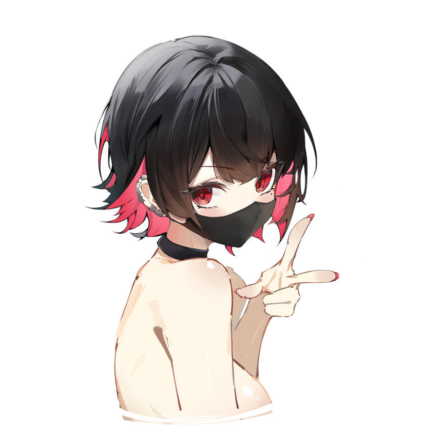 1girl absurdres black_choker black_hair black_mask breasts choker colored_inner_hair commentary_request ellen_joe highres looking_at_viewer mask medium_breasts mouth_mask multicolored_hair nail_polish nude paheide_guang red_eyes red_hair red_nails short_hair solo two-tone_hair upper_body v zenless_zone_zero