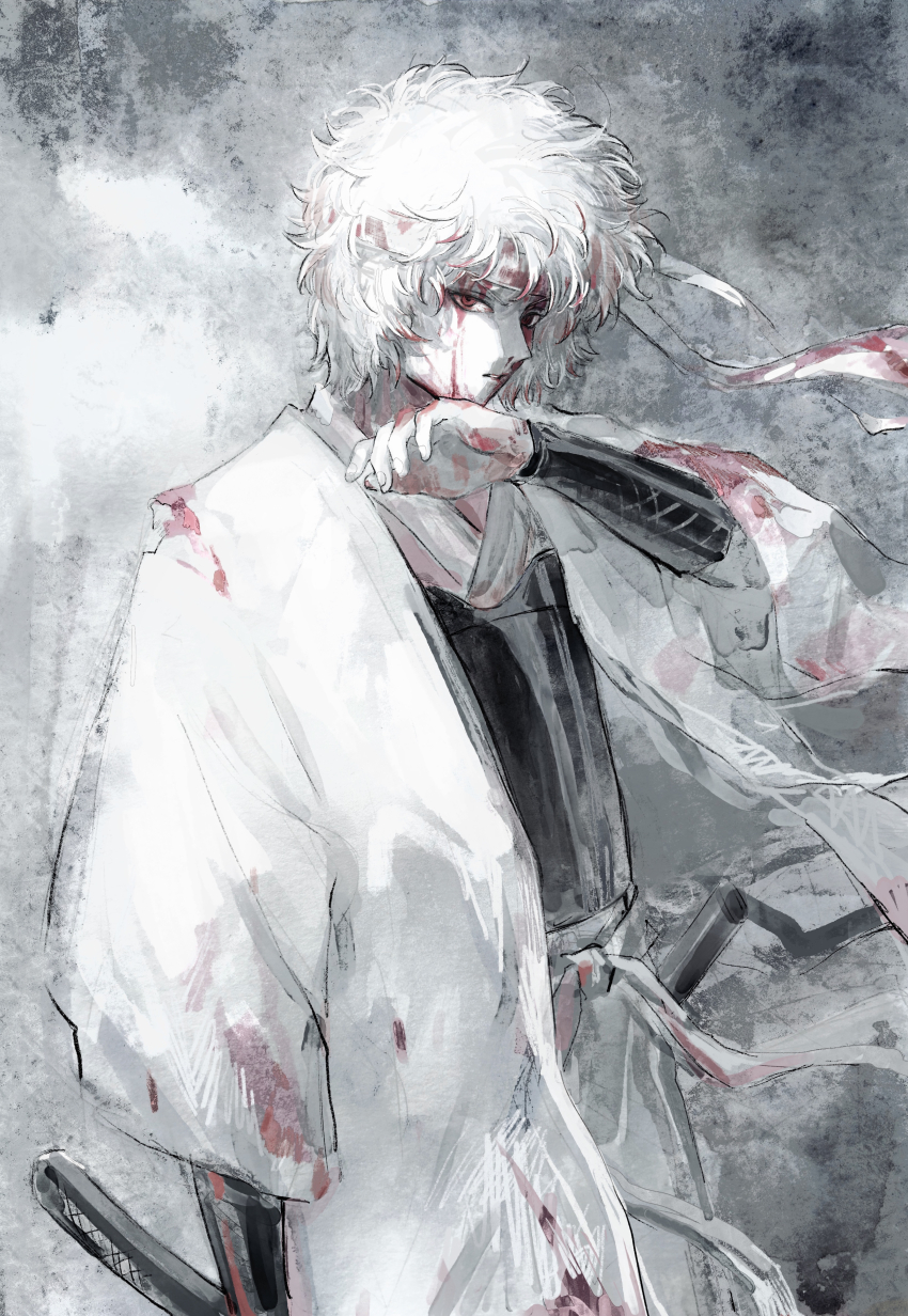 1boy absurdres armor blood blood_on_clothes blood_on_face blood_on_hands gintama haori headband highres japanese_armor japanese_clothes katana lushu_kuye male_focus official_alternate_costume red_eyes sakata_gintoki sheath solo spot_color sword weapon white_hair white_headband wiping_face