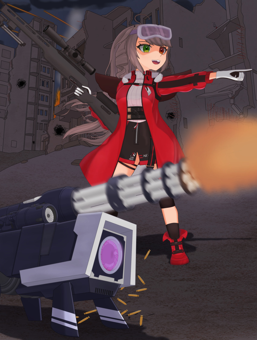 1girl absurdres ahoge brown_hair brown_skirt coat dinergate_(girls&#039;_frontline) firing gatling_gun girls&#039;_frontline green_eyes gun heterochromia highres holding holding_weapon long_hair mr.something pointing pointing_to_the_side rail_(weapon) red_coat red_eyes shell_casing skirt ssg3000_(girls&#039;_frontline) super_sass_(girls&#039;_frontline) weapon