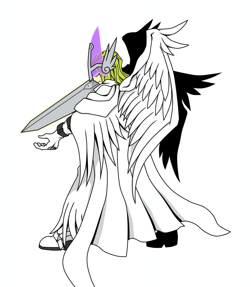 1boy absurdres digimon digimon_(creature) highres holyangemon holyangemon_priest_mode male_focus mask solo sword weapon wings