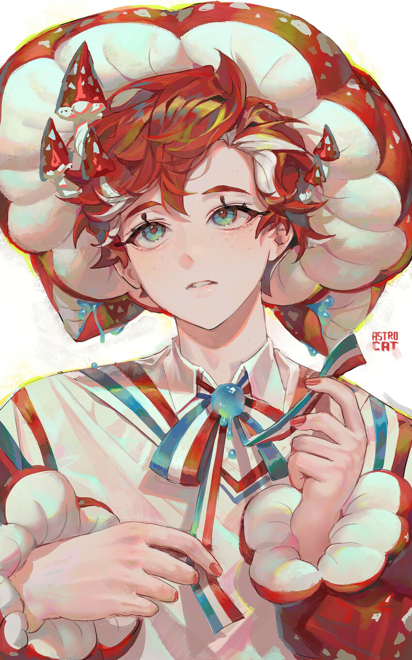 1boy adjusting_neck_ribbon aqua_eyes artist_name astrocatsama bishounen brooch colored_inner_hair freckles hands_up hat highres jewelry long_eyelashes long_sleeves male_focus material_growth multicolored_hair mushroom_hat nail_polish neck_ribbon original parted_lips red_hair red_hat red_nails red_pupils ribbon shirt solo two-tone_hat upper_body white_background white_hair white_hat white_shirt