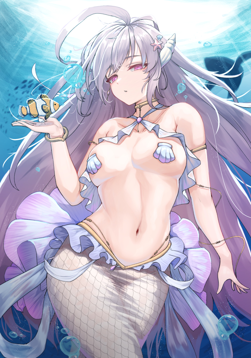 1girl ahoge air_bubble blonde_hair bubble cho!cho! clownfish emily_(last_origin) fish frills hand_up highres last_origin looking_at_viewer mermaid monster_girl navel pasties purple_eyes shell shell_bikini solo tagme underwater
