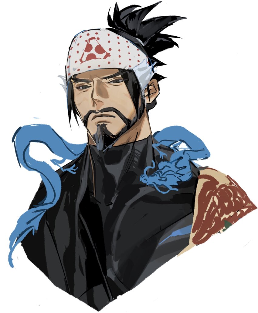 1boy black_eyes black_hair commentary compression_shirt cropped_torso dragon eastern_dragon english_commentary facial_hair goatee hanzo_(overwatch) headband highres looking_ahead male_focus overwatch simple_background solo unfinished white_background znz0412