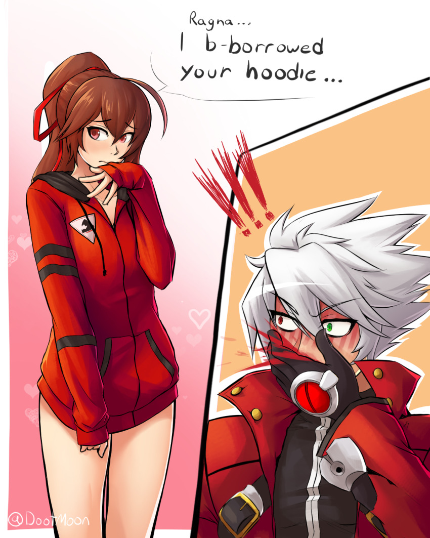 1boy 1girl ahoge antenna_hair blazblue blood blush celica_a._mercury commission dootmoon hair_ribbon highres hood hoodie looking_away naked_hoodie nosebleed ragna_the_bloodedge red_hoodie ribbon shy white_hair
