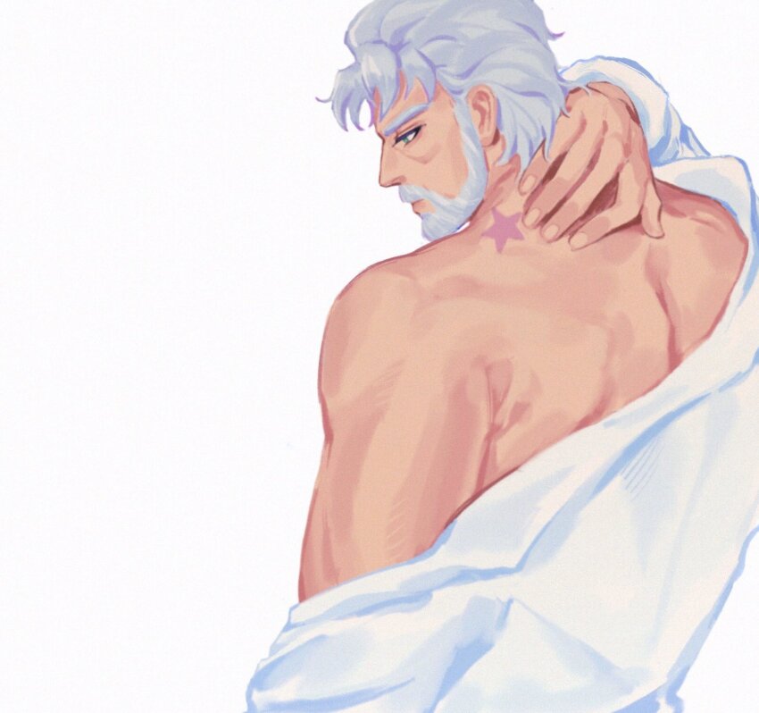 1boy back bara beard birthmark connected_beard facial_hair fingernails green_eyes grey_hair highres joestar_birthmark jojo_no_kimyou_na_bouken joseph_joestar joseph_joestar_(old) looking_to_the_side male_focus muscular muscular_male shirt short_hair simple_background solo stardust_crusaders upper_body vamos_mk white_shirt