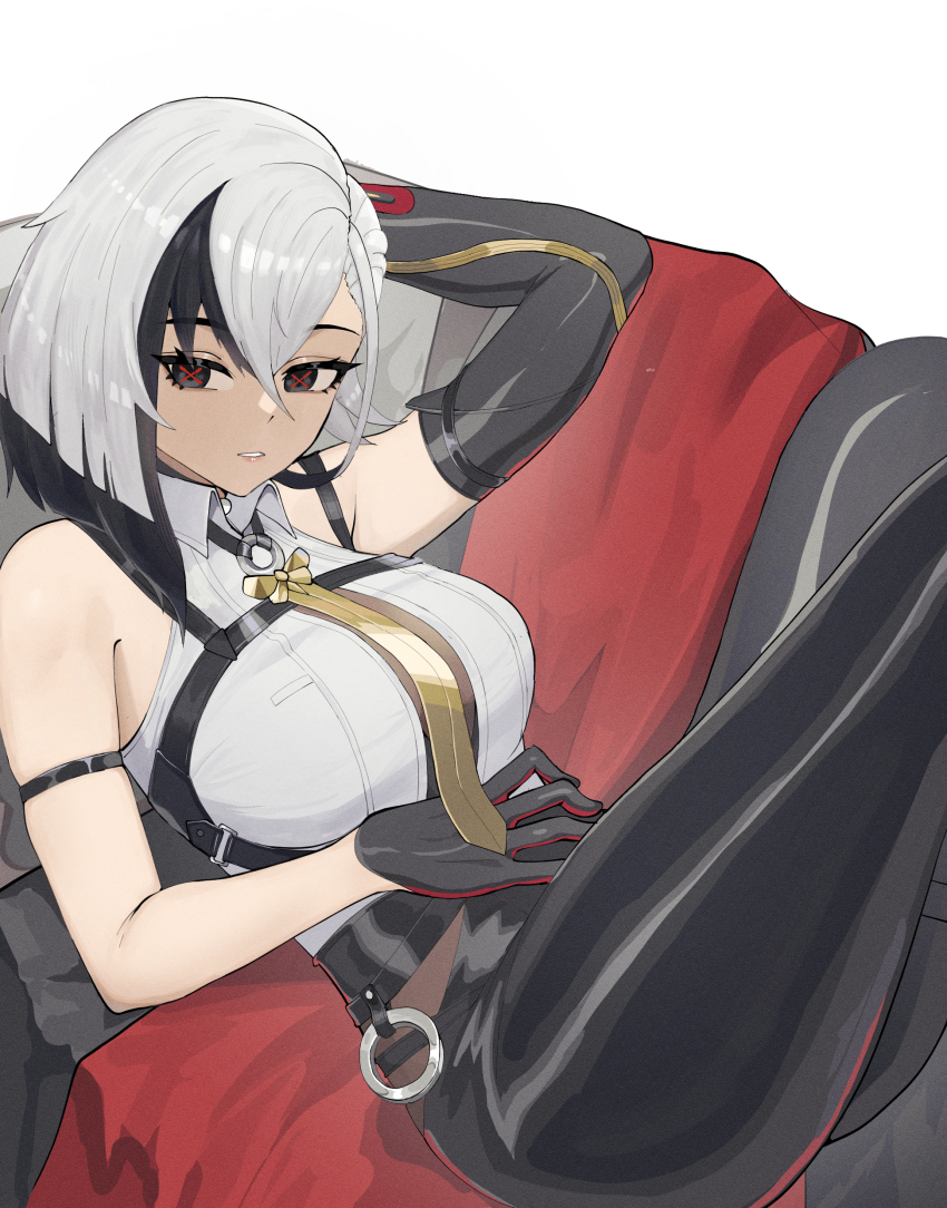 1girl absurdres arlecchino_(genshin_impact) arm_strap bare_shoulders black_eyes black_gloves black_hair black_pants breasts commentary cosplay evelyn_chevalier evelyn_chevalier_(cosplay) genshin_impact gloves grey_hair highres large_breasts leggings looking_at_viewer mihoyo multicolored_hair necktie pants parted_lips shirt short_hair simple_background sleeveless sleeveless_shirt solo thighs two-tone_hair white_background white_shirt yellow_glasses_(odivichno) yellow_necktie zenless_zone_zero