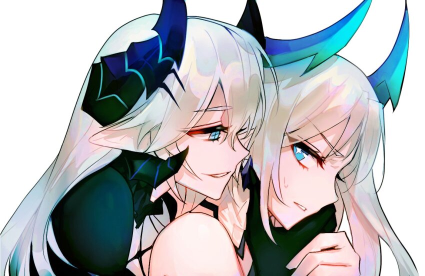+_+ 1boy 1girl blue_eyes blue_horns ciel_(elsword) demonio_(elsword) elsword hand_on_another&#039;s_face horns ishtar_(elsword) long_hair looking_at_another luciela_r._sourcream mme12165 parted_lips simple_background sweatdrop upper_body white_background white_hair