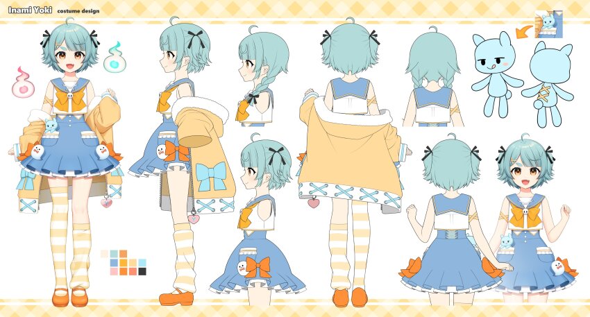 1girl :q ahoge aqua_hair arrow_(symbol) asymmetrical_legwear black_ribbon blue_sailor_collar blue_skirt bow bowtie braid brown_eyes character_name color_guide cyberlive fang hair_ribbon highres inami_yoki jacket konogi_nogi multiple_views off_shoulder official_alternate_hairstyle open_clothes open_jacket orange_bow orange_bowtie orange_shoes ribbon sailor_collar second-party_source shoes skin_fang skirt sleeves_past_wrists striped_clothes striped_thighhighs thighhighs tongue tongue_out twin_braids white_thighhighs yellow_jacket yellow_thighhighs