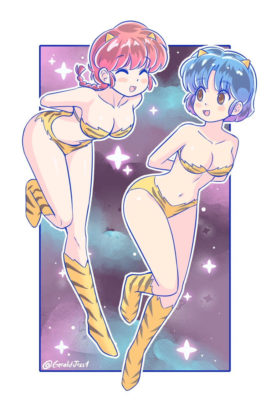 2girls absurdres ass blue_hair breasts cleavage commentary cosplay demon_horns floating geraldjess1 highres horns lum lum_(cosplay) multiple_girls navel ranma-chan ranma_1/2 short_hair tendou_akane urusei_yatsura