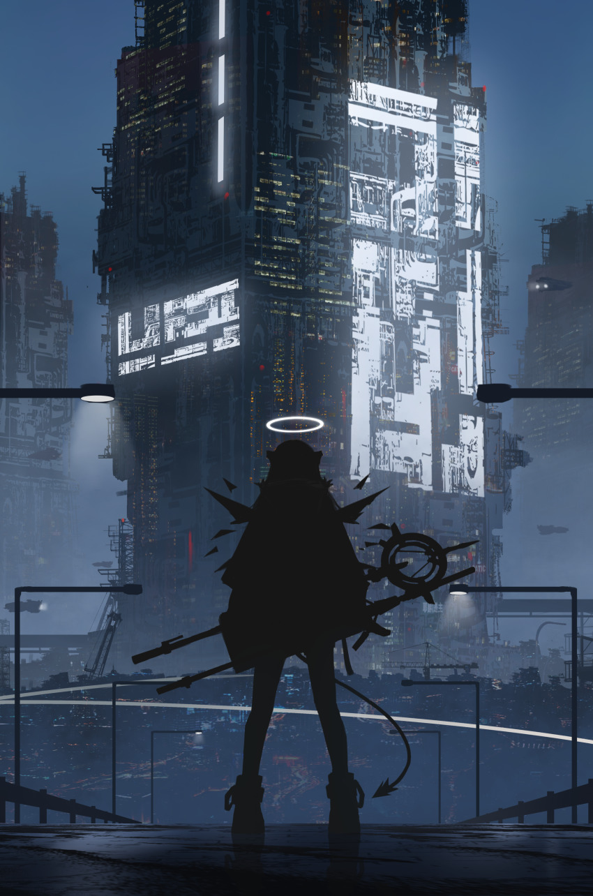 1girl absurdres arknights blue_sky boots building de4d_fish demon_tail energy_wings halo highres lamppost mostima_(arknights) night night_sky outdoors railing road scenery science_fiction silhouette sky skyscraper solo staff standing street tail wide_shot