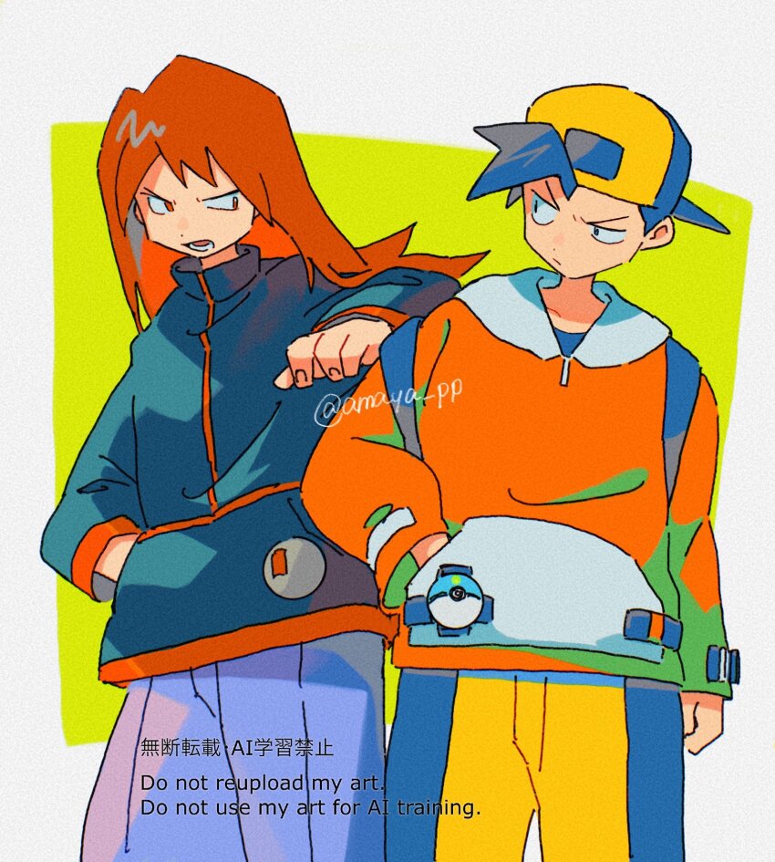 2boys amaya_uw black_hair border closed_mouth ethan_(pokemon) green_background hand_in_pocket highres jacket long_hair long_sleeves looking_to_the_side lower_teeth_only male_focus multiple_boys nintendo open_mouth pants pokemon pokemon_gsc red_hair shirt short_hair shorts silver_(pokemon) teeth twitter_username watermark white_border yellow_shorts