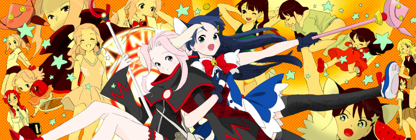 00s 6+girls aged_down alternate_costume animal_ears bell blue_eyes blue_hair bow darry_adai fang food frilled_thigh_strap fruit green_eyes haruta_(h-oh) highres kinon_bachika kiyal_bachika kiyalunga kiyoh_bachika long_image multiple_girls multiple_persona multiple_views pink_hair racket school_uniform sportswear staff star_(symbol) tengen_toppa_gurren_lagann tengen_toppa_gurren_lagann:_parallel_works tennis_racket tennis_uniform thigh_strap thighhighs watermelon wide_image yoko_littner yomako